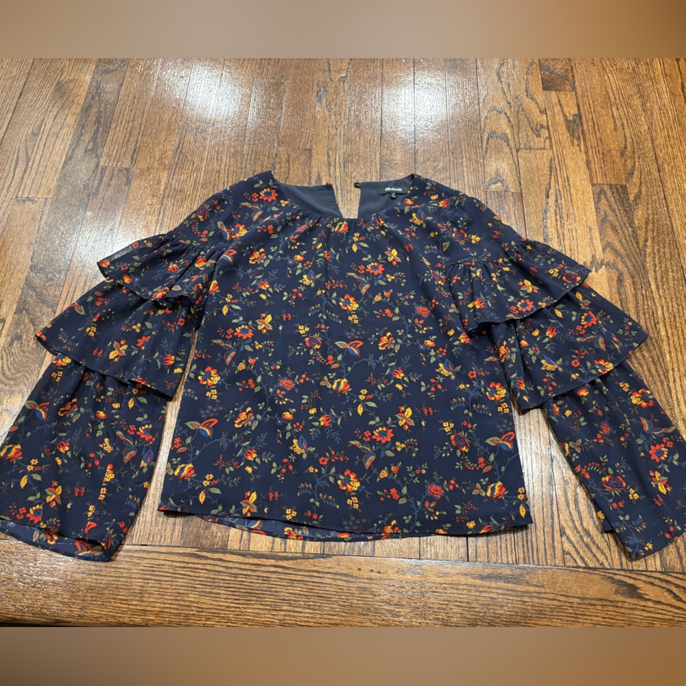 Madewell Navy Floral V-Neck Blouse with Multicolor Blooms